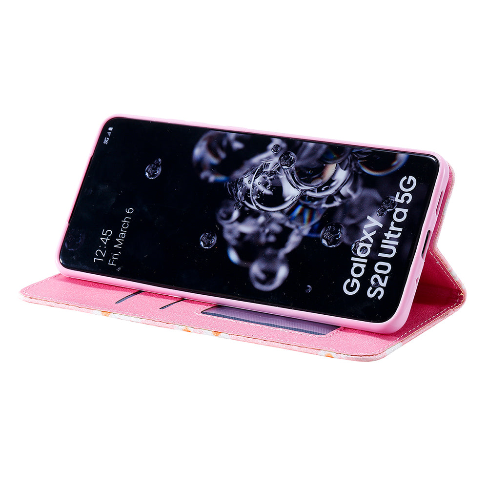 Daisy Pattern Flash Powder Stand Leather Cover Card Holder Shell for Samsung Galaxy S20 Ultra - Pink