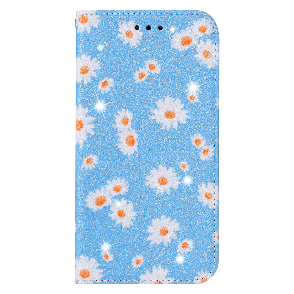 Daisy Pattern Flash Powder Stand Leather Cover Card Holder Shell for Samsung Galaxy S20 Ultra - Blue