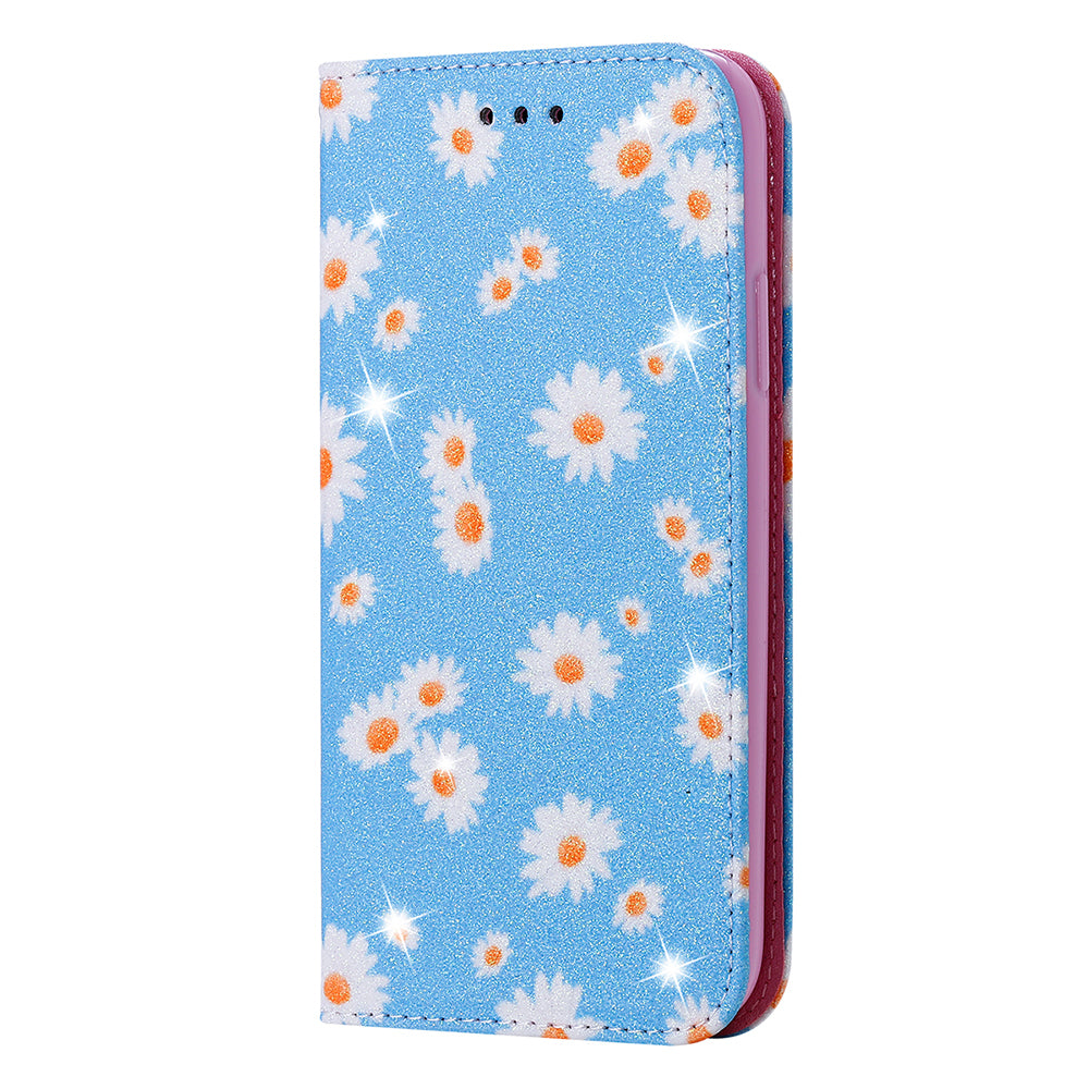 Daisy Pattern Flash Powder Stand Leather Cover Card Holder Shell for Samsung Galaxy S20 Ultra - Blue