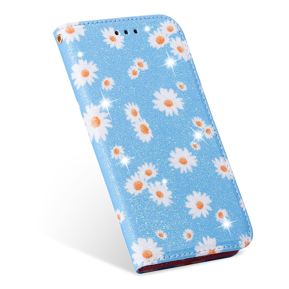 Daisy Pattern Flash Powder Stand Leather Cover Card Holder Shell for Samsung Galaxy S20 Ultra - Blue