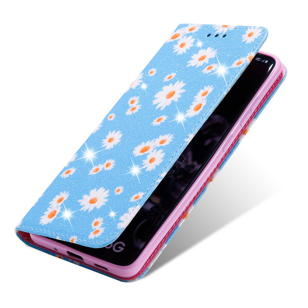 Daisy Pattern Flash Powder Stand Leather Cover Card Holder Shell for Samsung Galaxy S20 Ultra - Blue