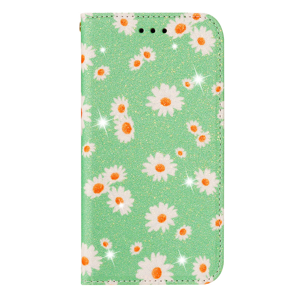 Daisy Pattern Flash Powder Stand Leather Cover Card Holder Shell for Samsung Galaxy S20 Ultra - Green