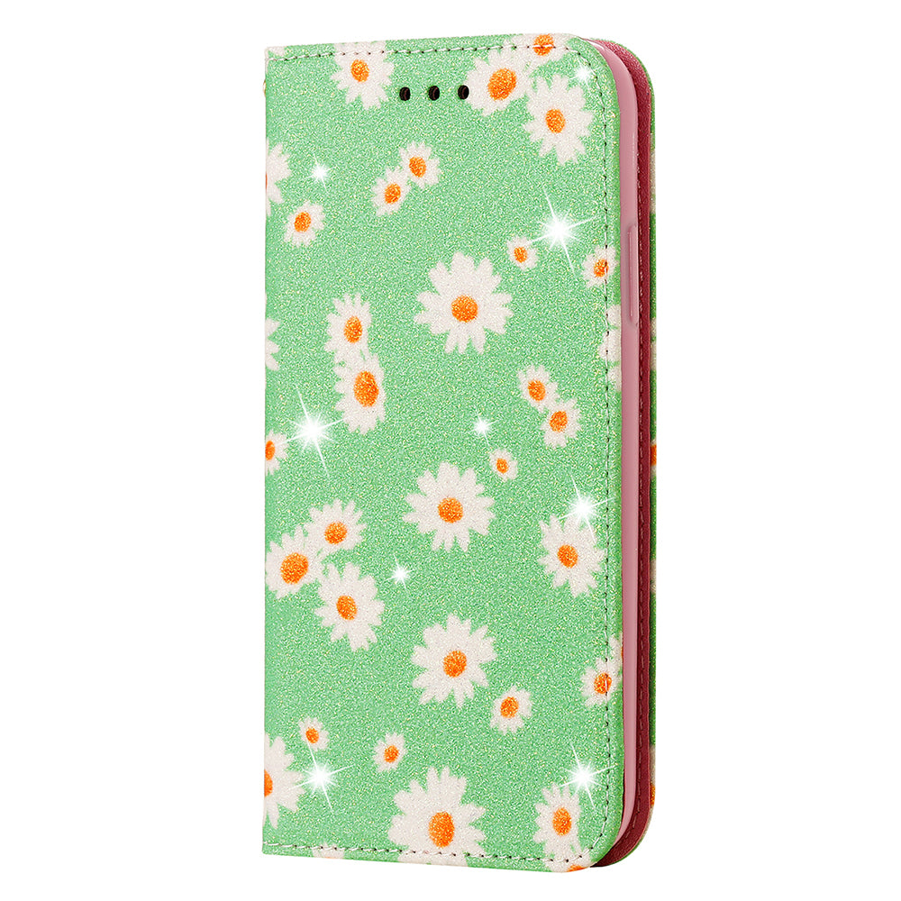 Daisy Pattern Flash Powder Stand Leather Cover Card Holder Shell for Samsung Galaxy S20 Ultra - Green