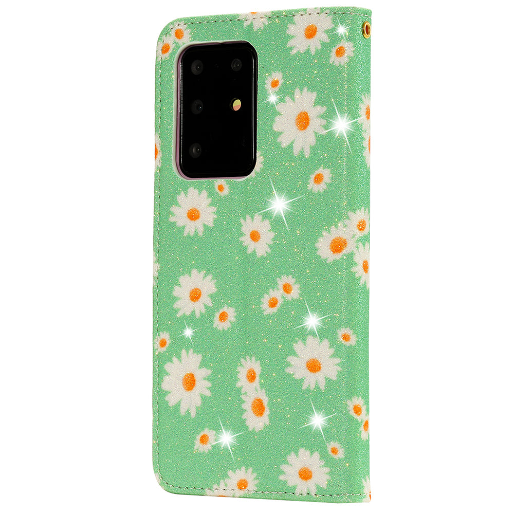 Daisy Pattern Flash Powder Stand Leather Cover Card Holder Shell for Samsung Galaxy S20 Ultra - Green