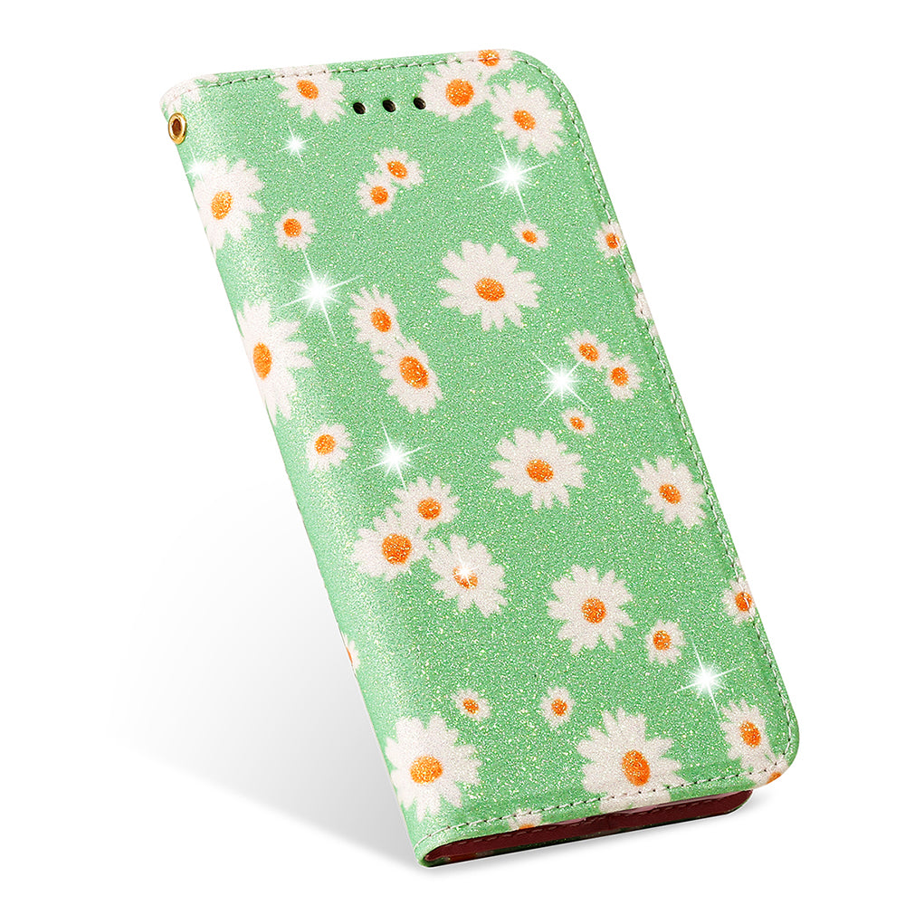 Daisy Pattern Flash Powder Stand Leather Cover Card Holder Shell for Samsung Galaxy S20 Ultra - Green