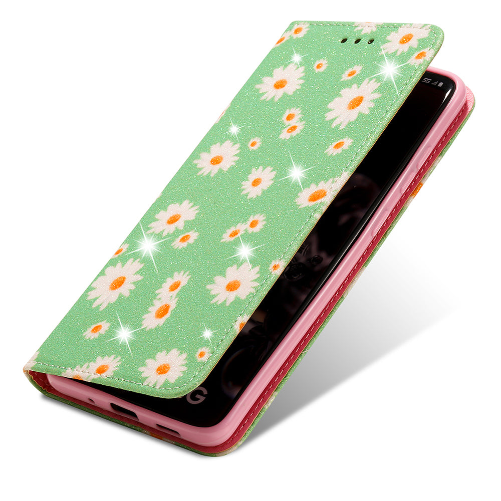 Daisy Pattern Flash Powder Stand Leather Cover Card Holder Shell for Samsung Galaxy S20 Ultra - Green