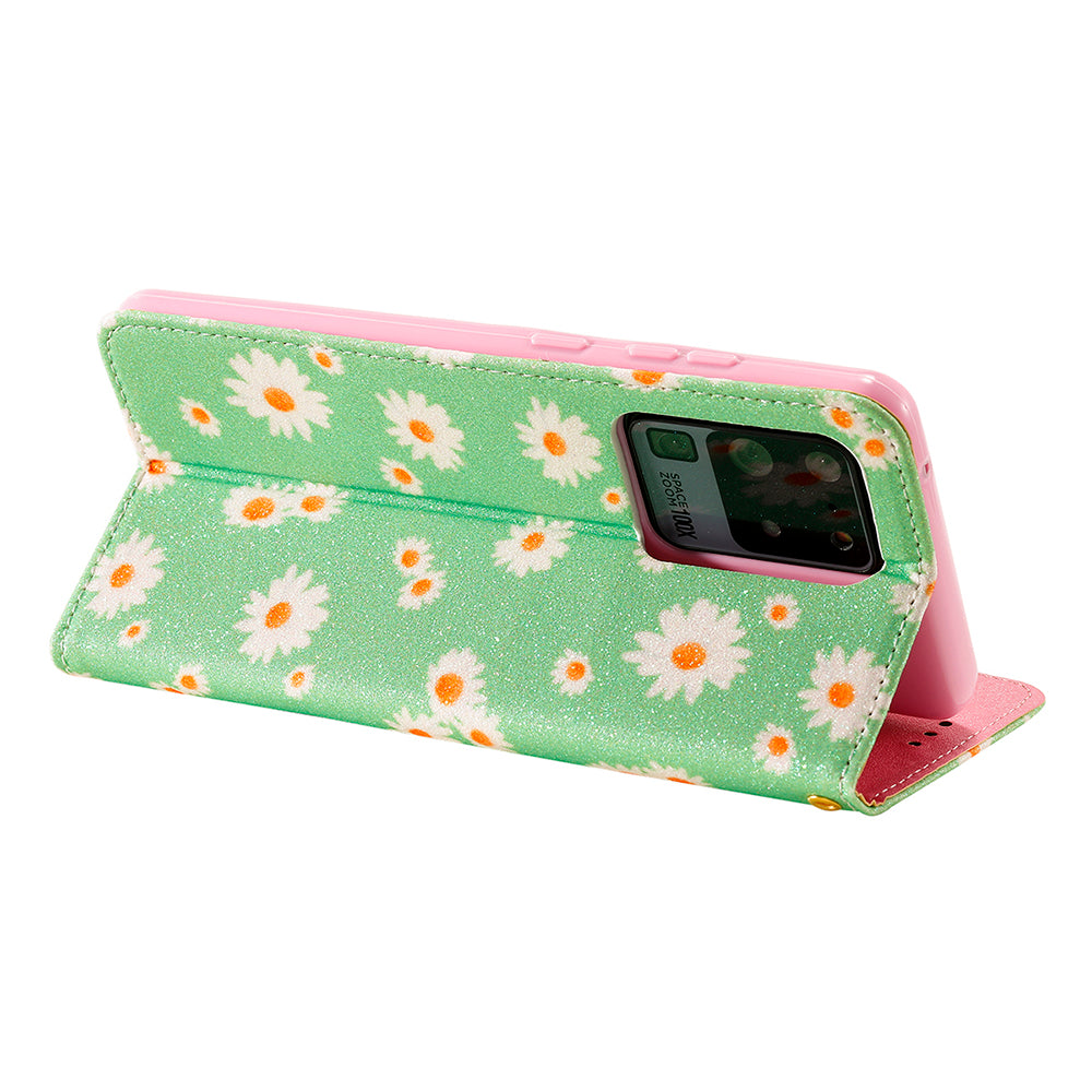 Daisy Pattern Flash Powder Stand Leather Cover Card Holder Shell for Samsung Galaxy S20 Ultra - Green