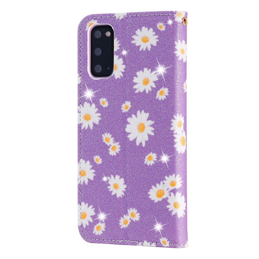 Daisy Skin Flash Powder Leather with Card Holder Case for Samsung Galaxy S20 4G/S20 5G - Purple