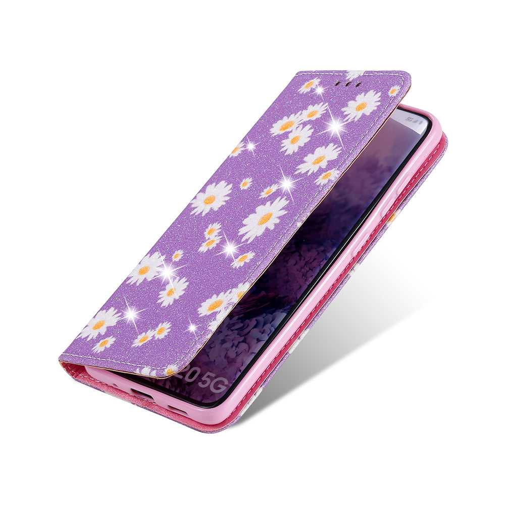 Daisy Skin Flash Powder Leather with Card Holder Case for Samsung Galaxy S20 4G/S20 5G - Purple