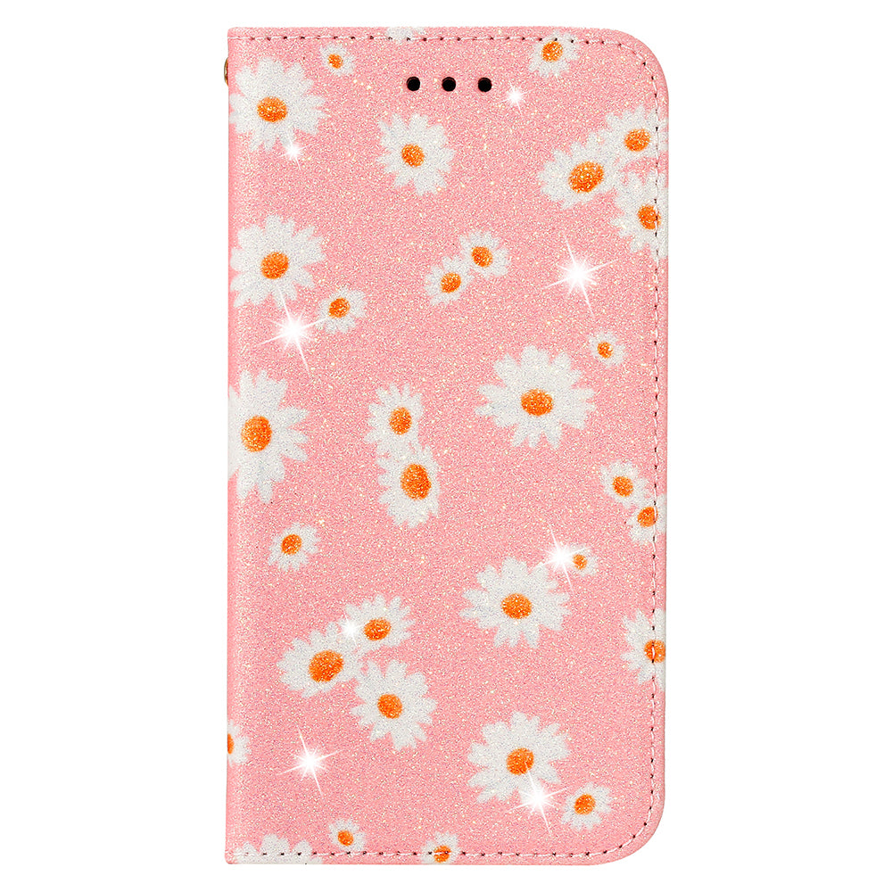 Daisy Skin Flash Powder Leather with Card Holder Case for Samsung Galaxy S20 4G/S20 5G - Pink