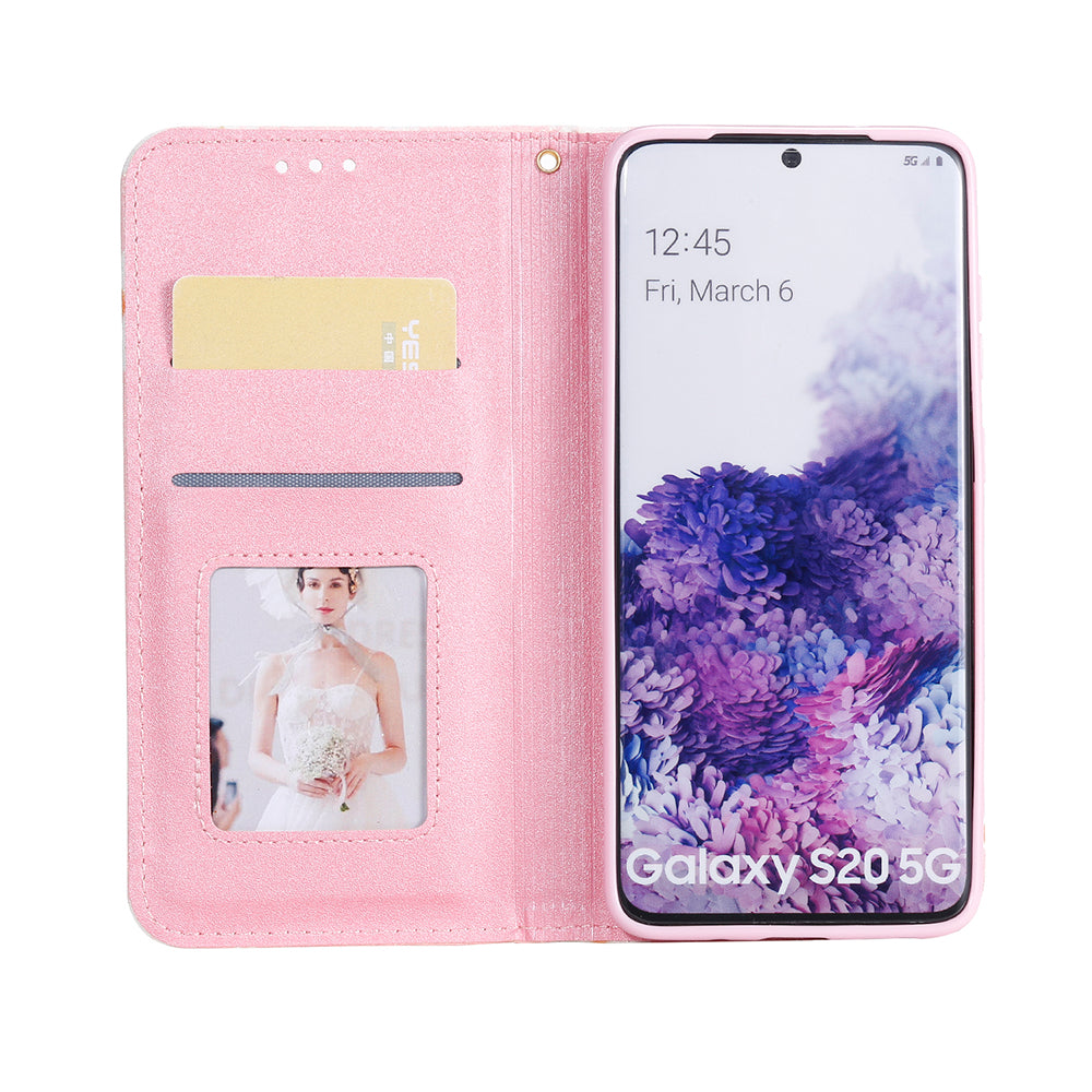 Daisy Skin Flash Powder Leather with Card Holder Case for Samsung Galaxy S20 4G/S20 5G - Pink