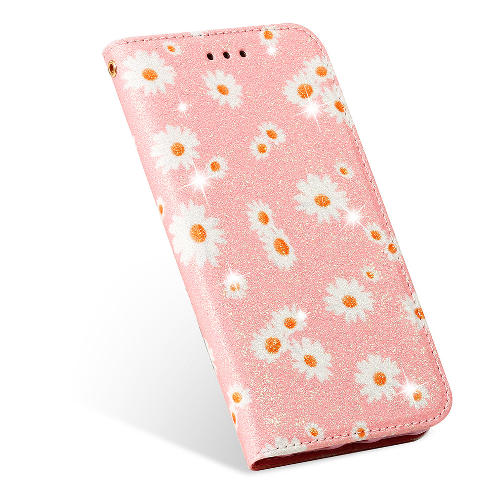 Daisy Skin Flash Powder Leather with Card Holder Case for Samsung Galaxy S20 4G/S20 5G - Pink