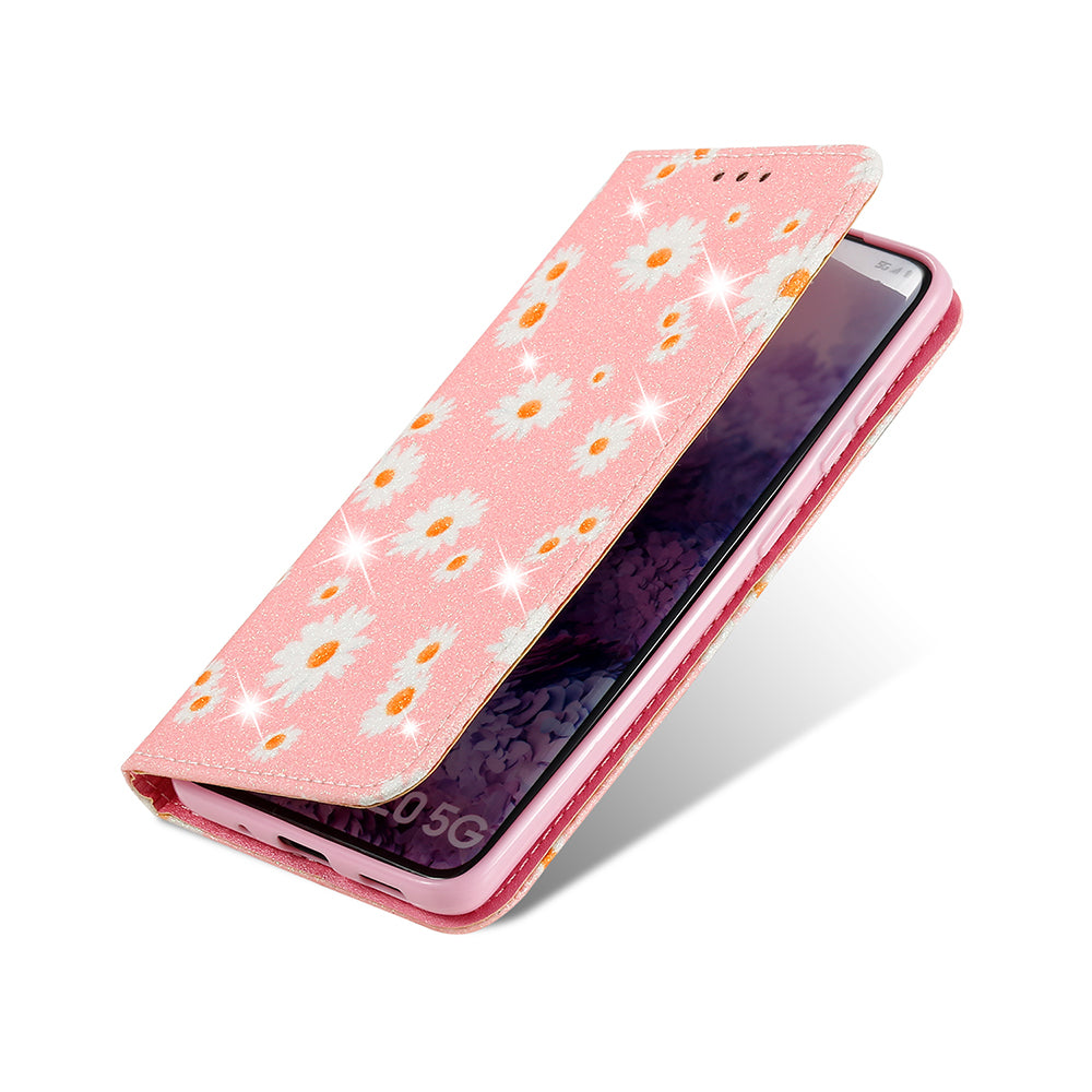 Daisy Skin Flash Powder Leather with Card Holder Case for Samsung Galaxy S20 4G/S20 5G - Pink