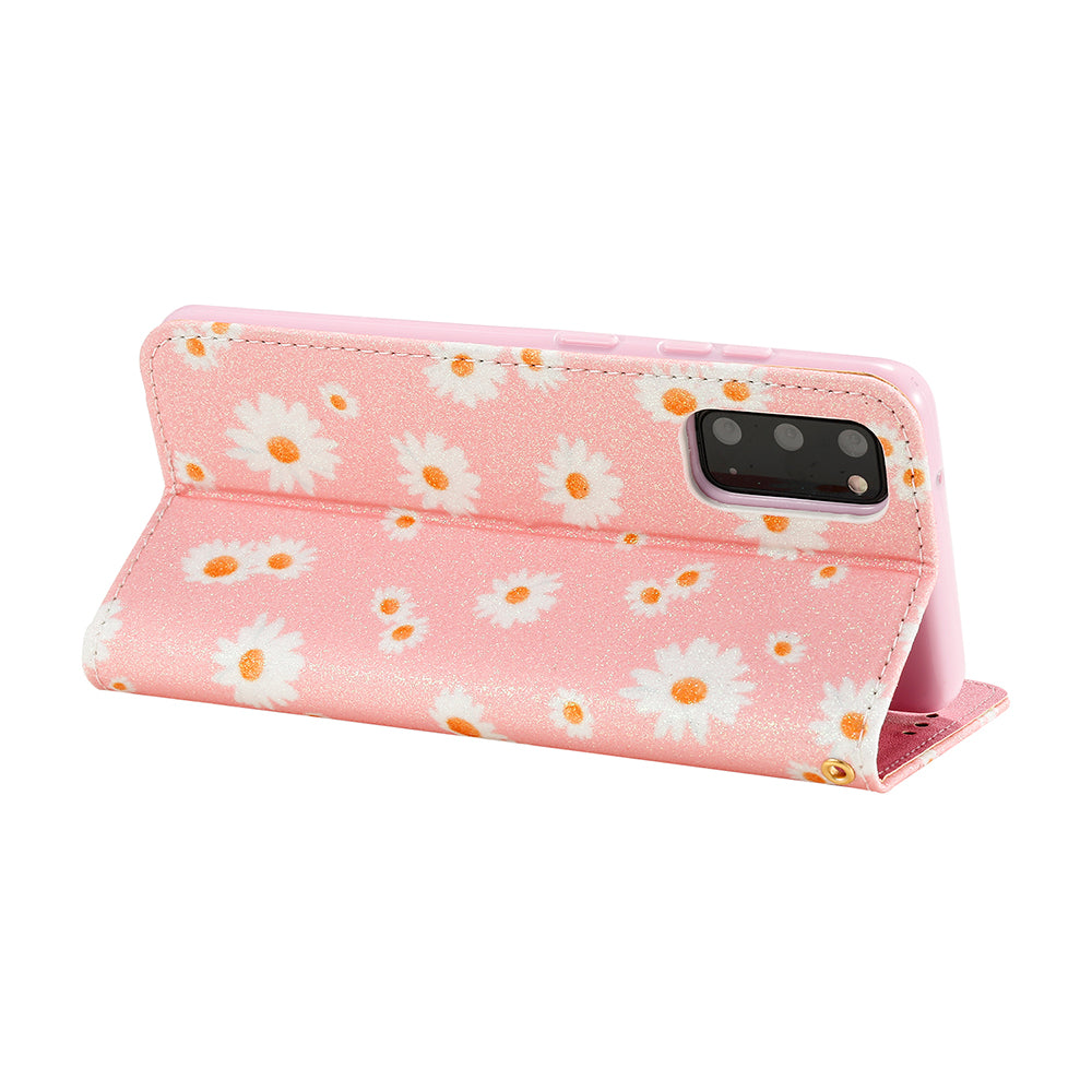 Daisy Skin Flash Powder Leather with Card Holder Case for Samsung Galaxy S20 4G/S20 5G - Pink