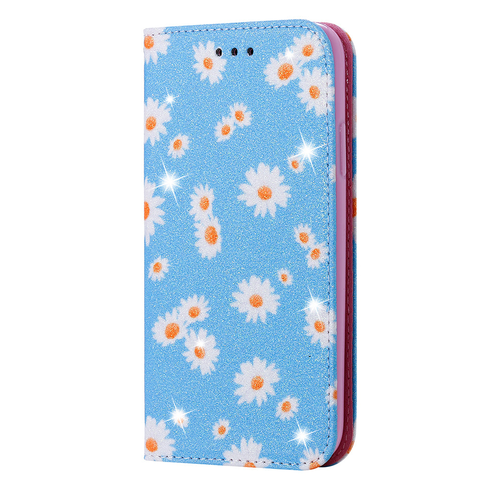 Daisy Skin Flash Powder Leather with Card Holder Case for Samsung Galaxy S20 4G/S20 5G - Blue