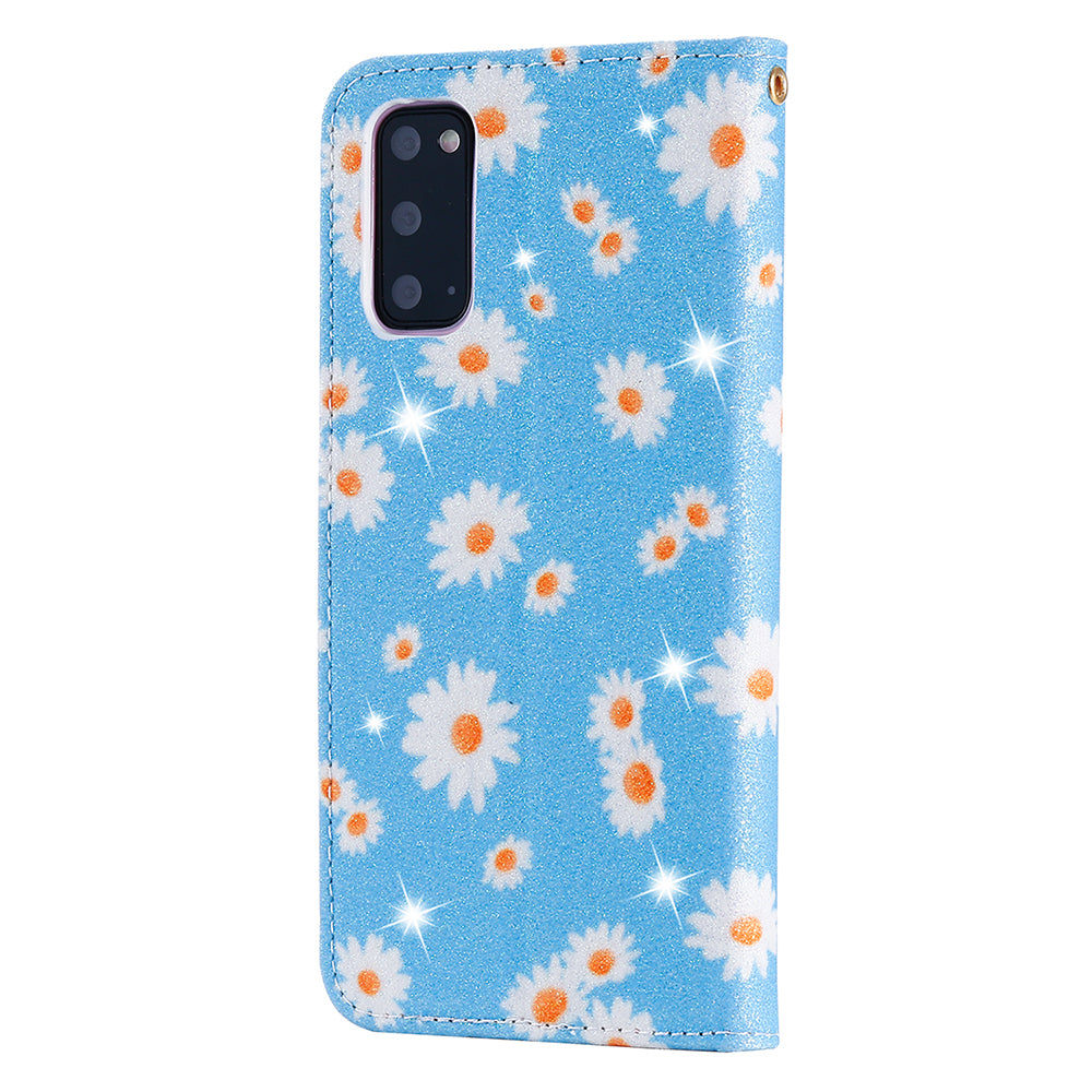 Daisy Skin Flash Powder Leather with Card Holder Case for Samsung Galaxy S20 4G/S20 5G - Blue