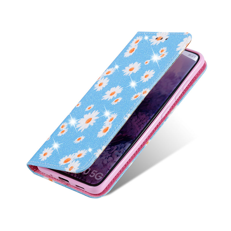 Daisy Skin Flash Powder Leather with Card Holder Case for Samsung Galaxy S20 4G/S20 5G - Blue