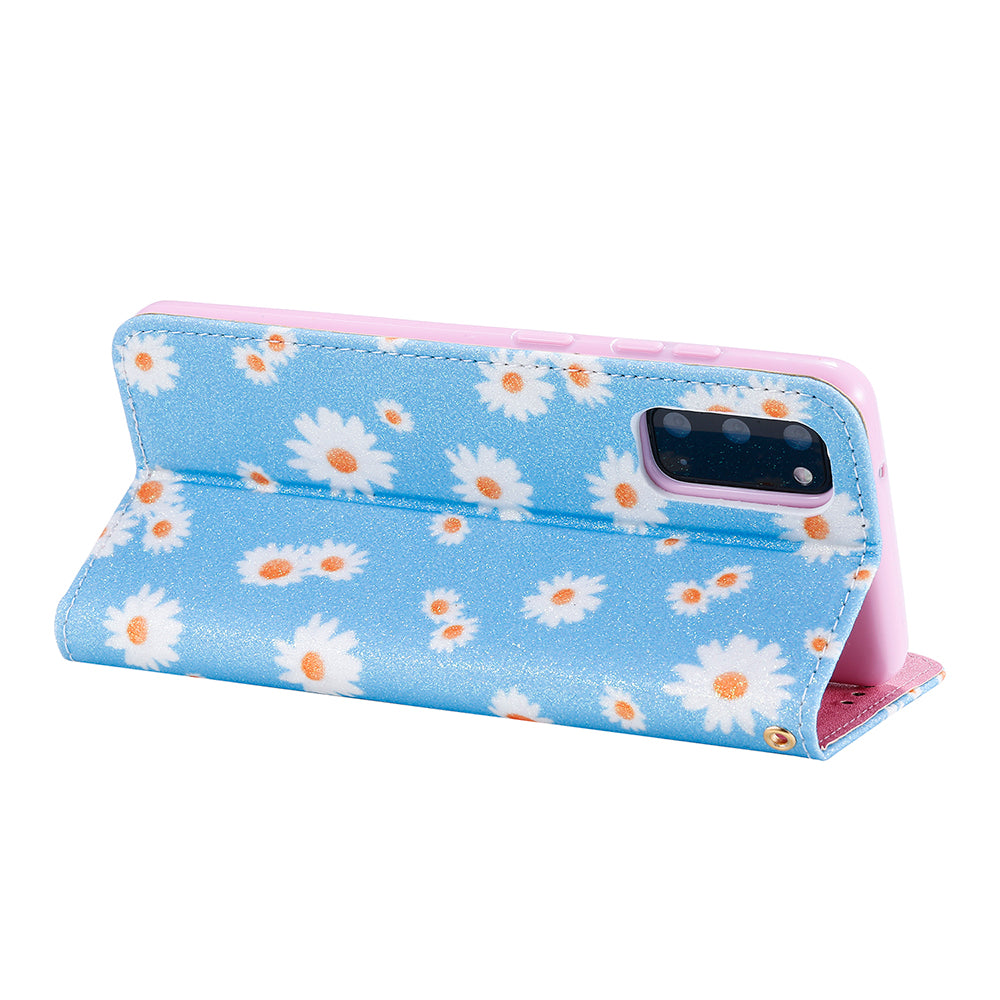 Daisy Skin Flash Powder Leather with Card Holder Case for Samsung Galaxy S20 4G/S20 5G - Blue