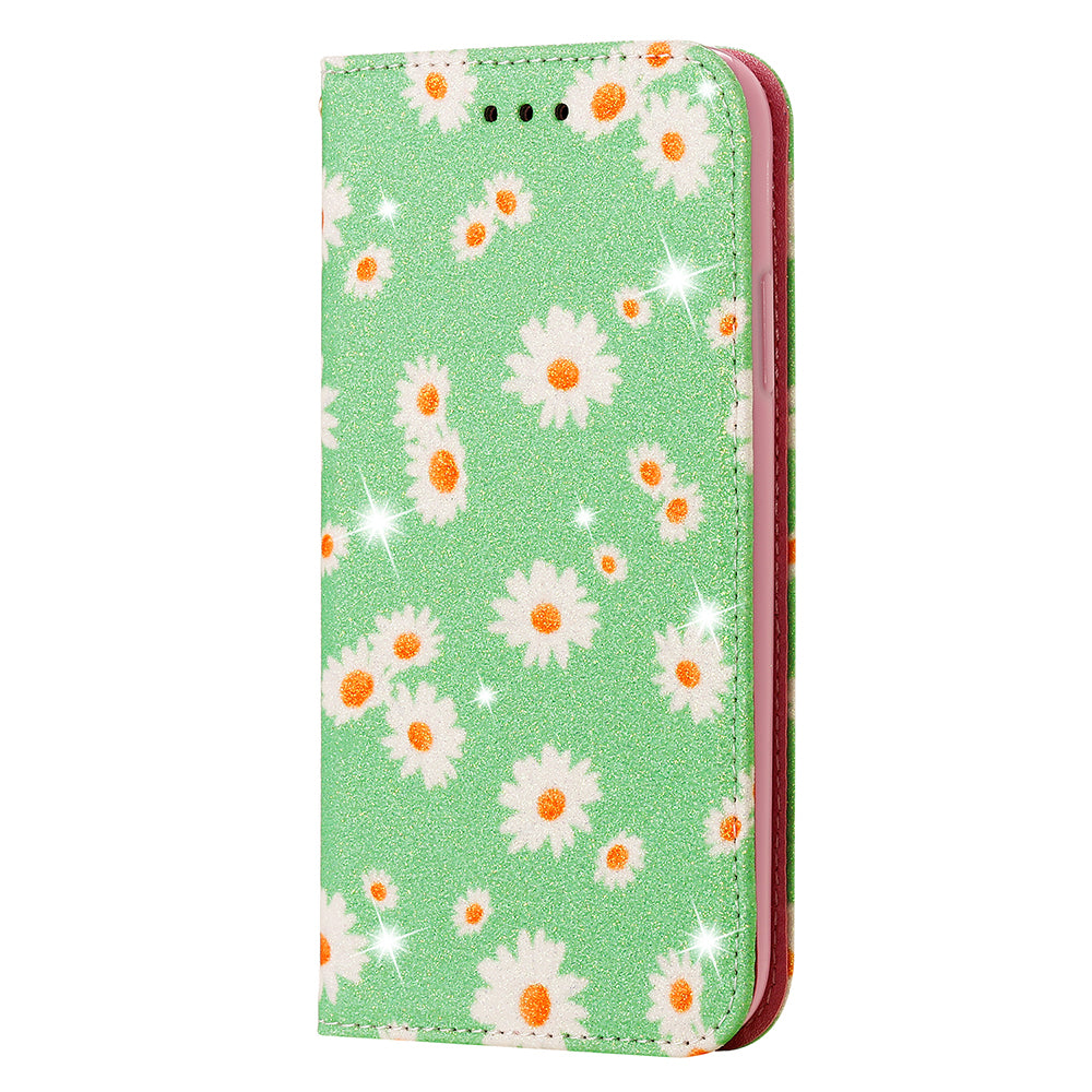 Daisy Skin Flash Powder Leather with Card Holder Case for Samsung Galaxy S20 4G/S20 5G - Green