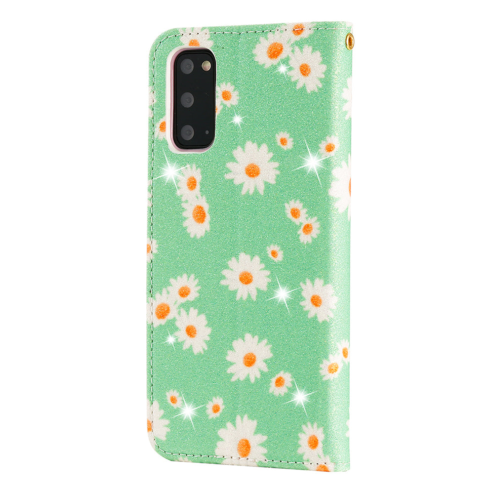 Daisy Skin Flash Powder Leather with Card Holder Case for Samsung Galaxy S20 4G/S20 5G - Green