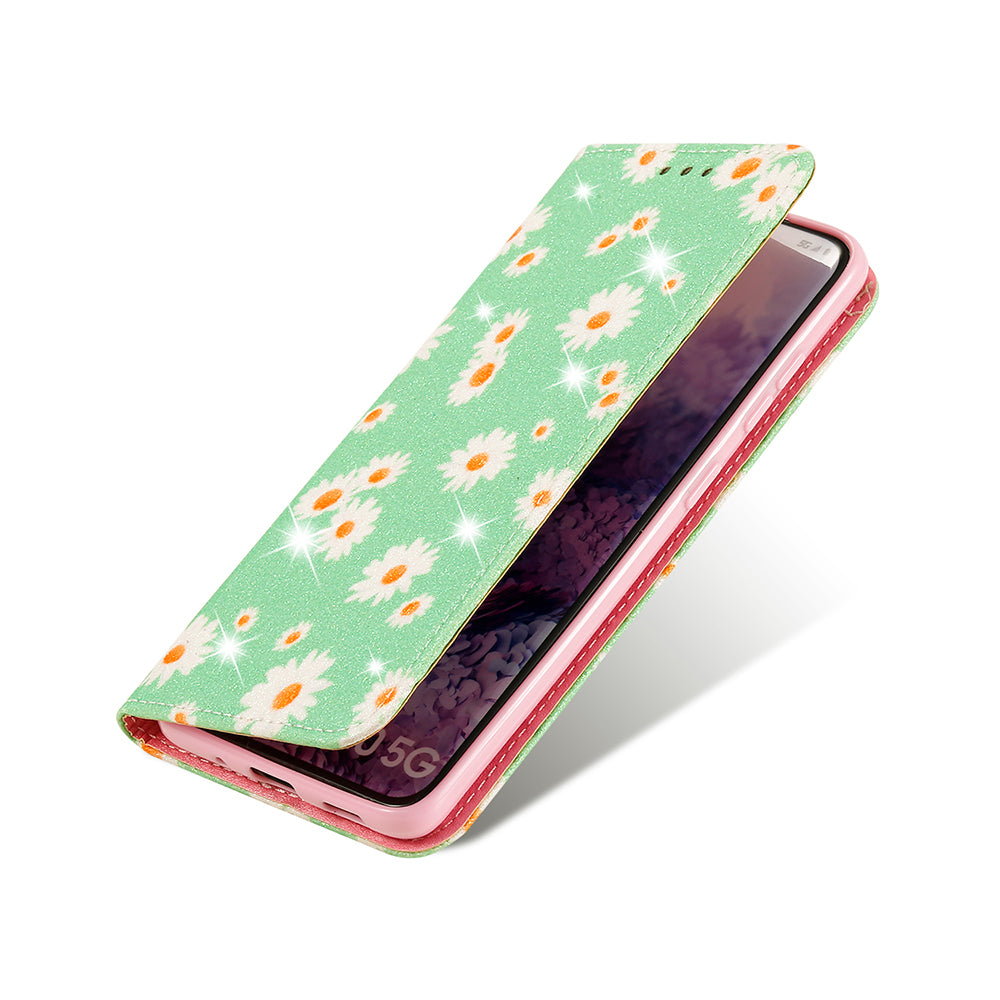 Daisy Skin Flash Powder Leather with Card Holder Case for Samsung Galaxy S20 4G/S20 5G - Green