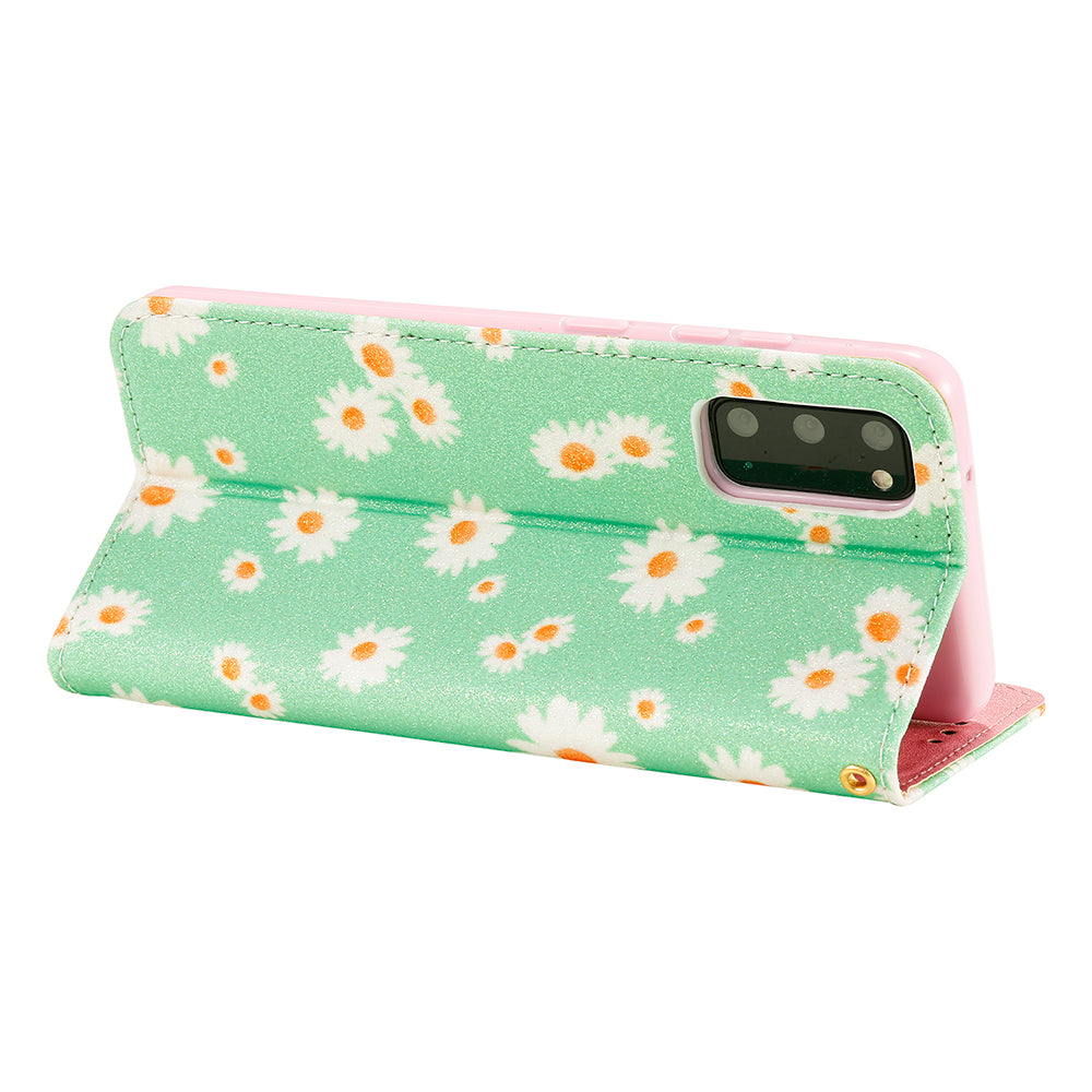 Daisy Skin Flash Powder Leather with Card Holder Case for Samsung Galaxy S20 4G/S20 5G - Green