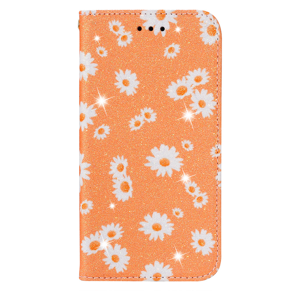 Daisy Skin Flash Powder Leather with Card Holder Case for Samsung Galaxy S20 4G/S20 5G - Orange