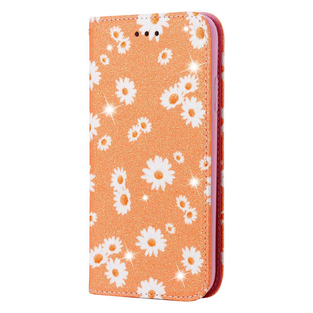 Daisy Skin Flash Powder Leather with Card Holder Case for Samsung Galaxy S20 4G/S20 5G - Orange