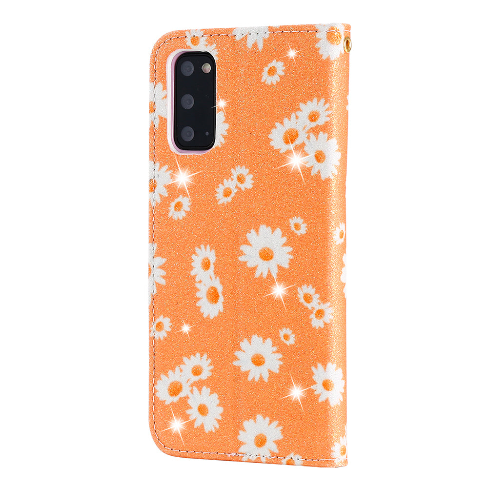 Daisy Skin Flash Powder Leather with Card Holder Case for Samsung Galaxy S20 4G/S20 5G - Orange