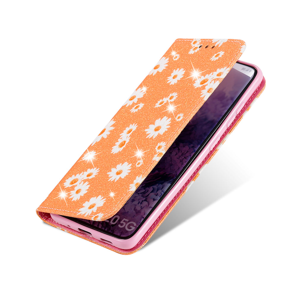 Daisy Skin Flash Powder Leather with Card Holder Case for Samsung Galaxy S20 4G/S20 5G - Orange