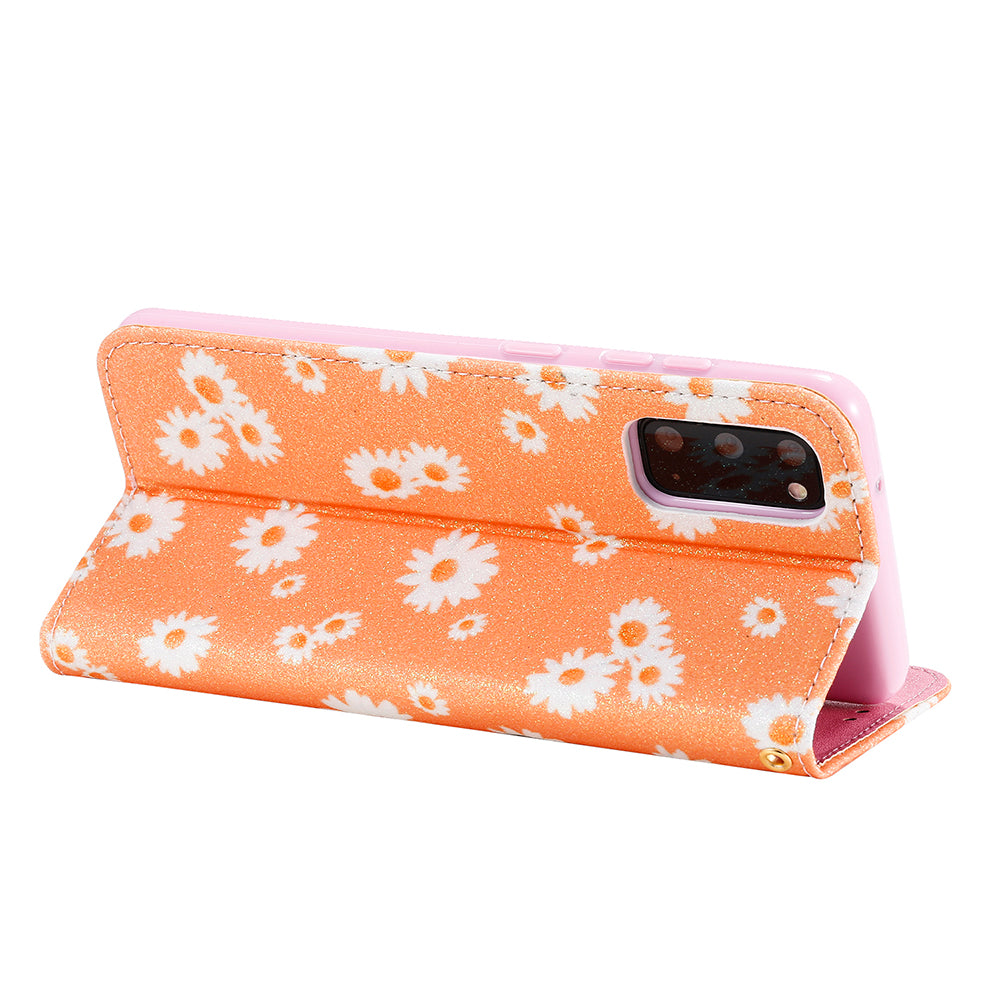 Daisy Skin Flash Powder Leather with Card Holder Case for Samsung Galaxy S20 4G/S20 5G - Orange