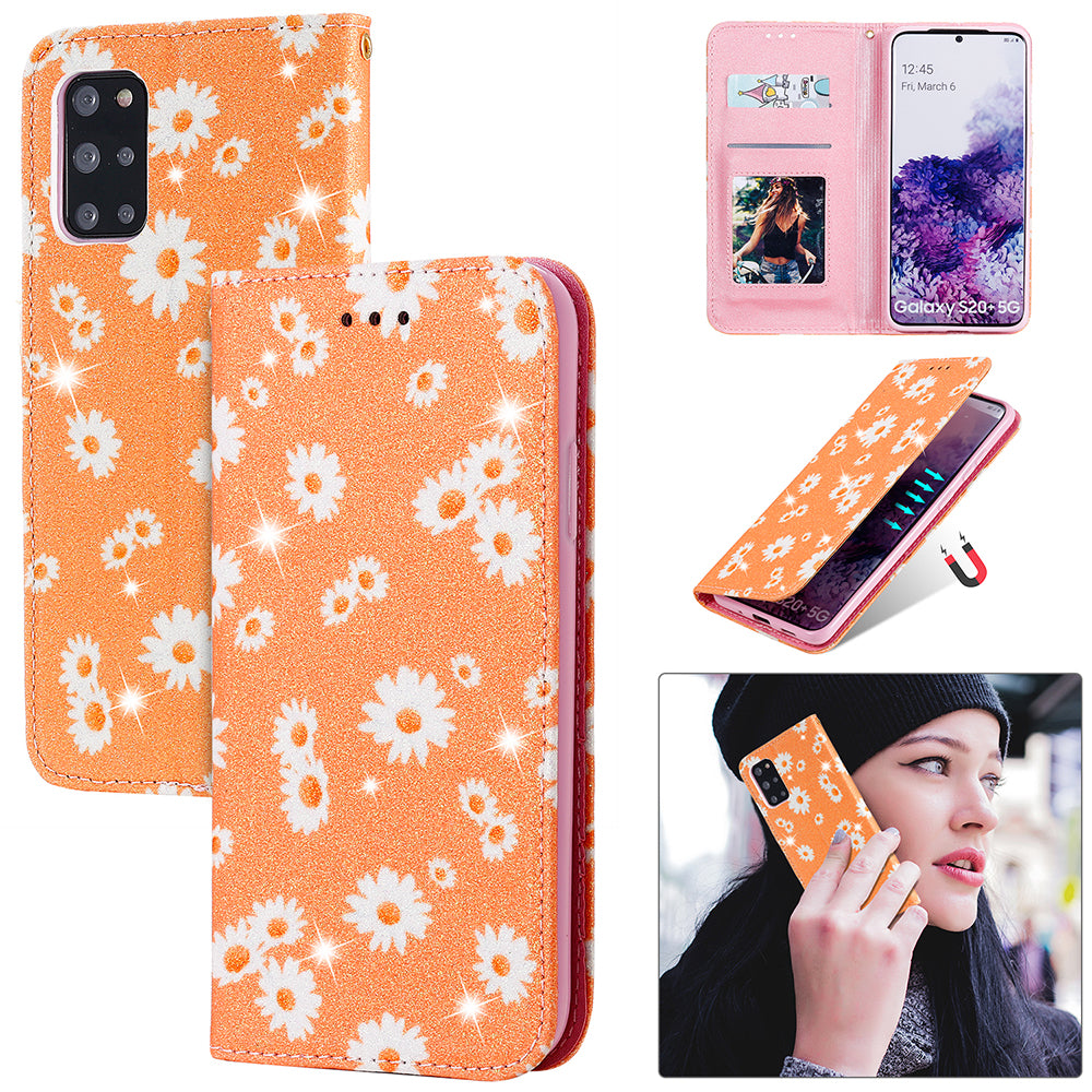 Daisy Pattern Flash Powder Style PU Leather Shell for Samsung Galaxy S20 Plus - Orange