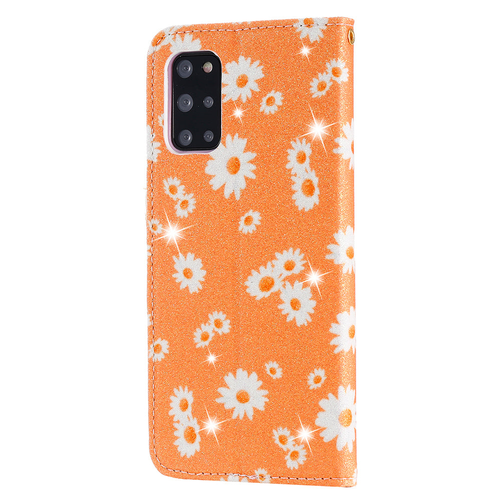 Daisy Pattern Flash Powder Style PU Leather Shell for Samsung Galaxy S20 Plus - Orange