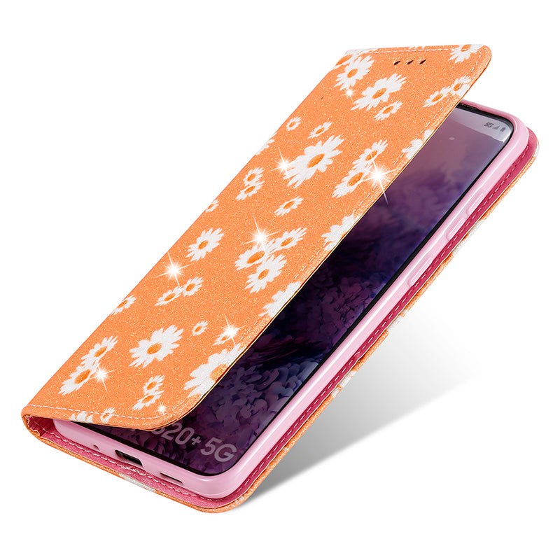 Daisy Pattern Flash Powder Style PU Leather Shell for Samsung Galaxy S20 Plus - Orange