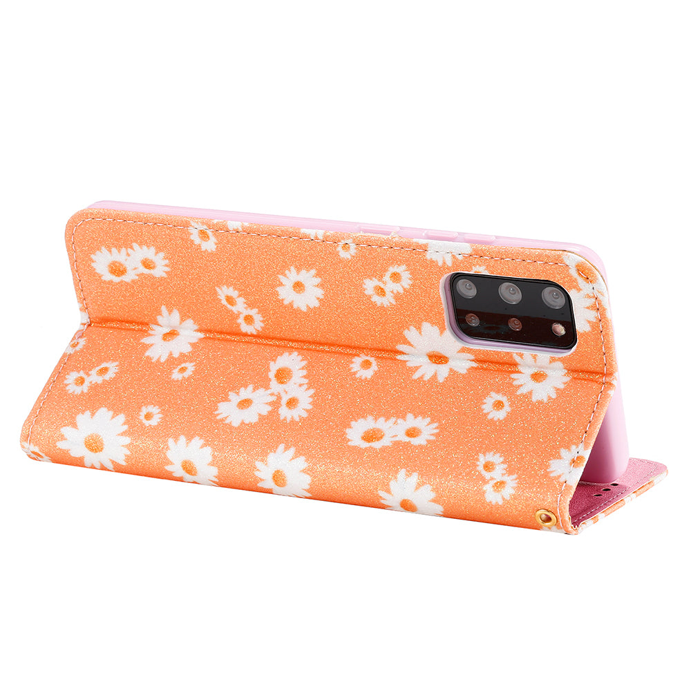 Daisy Pattern Flash Powder Style PU Leather Shell for Samsung Galaxy S20 Plus - Orange