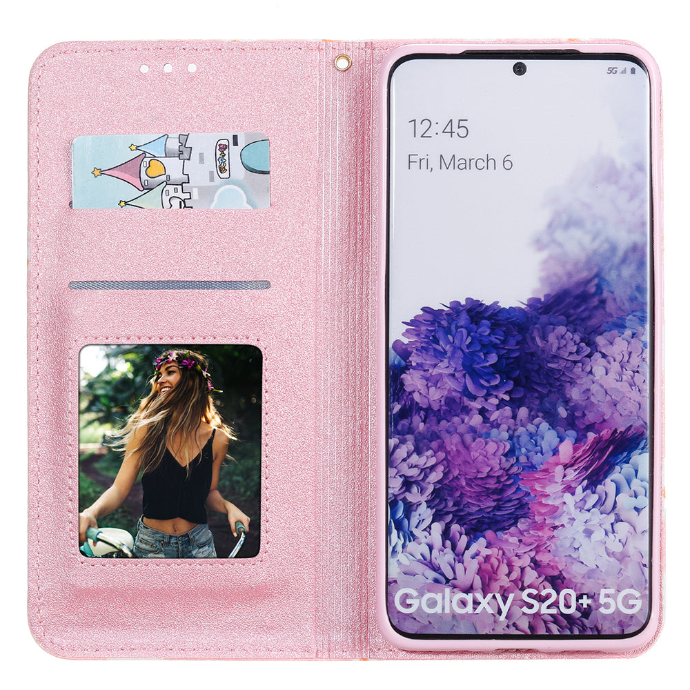 Daisy Pattern Flash Powder Style PU Leather Shell for Samsung Galaxy S20 Plus - Pink