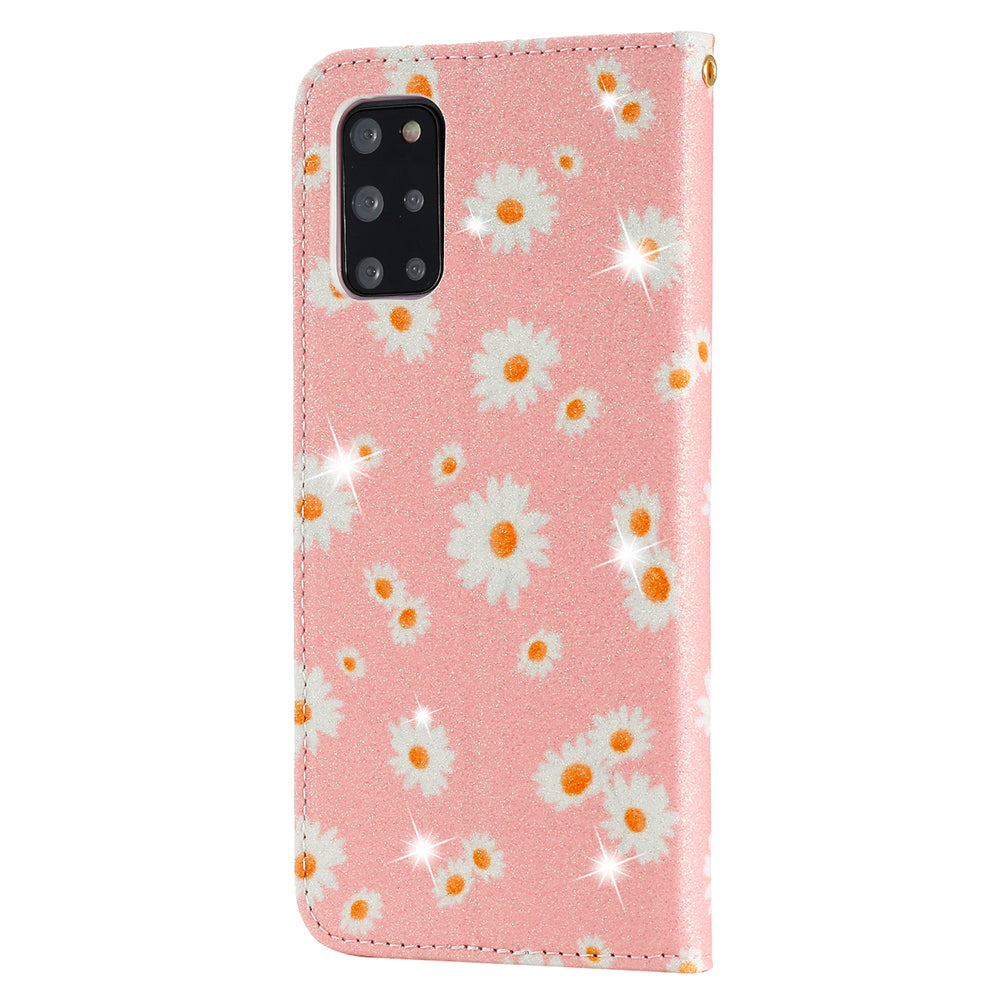 Daisy Pattern Flash Powder Style PU Leather Shell for Samsung Galaxy S20 Plus - Pink