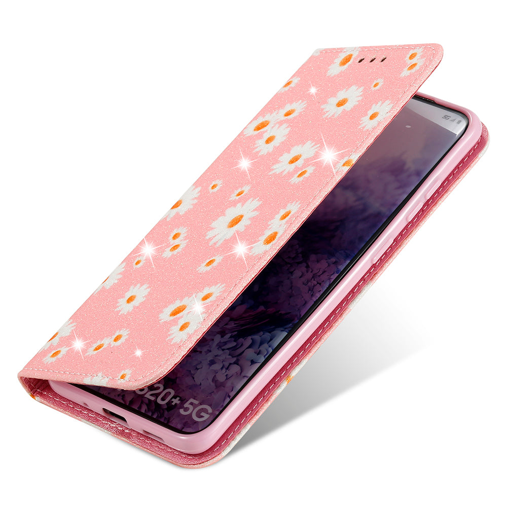 Daisy Pattern Flash Powder Style PU Leather Shell for Samsung Galaxy S20 Plus - Pink