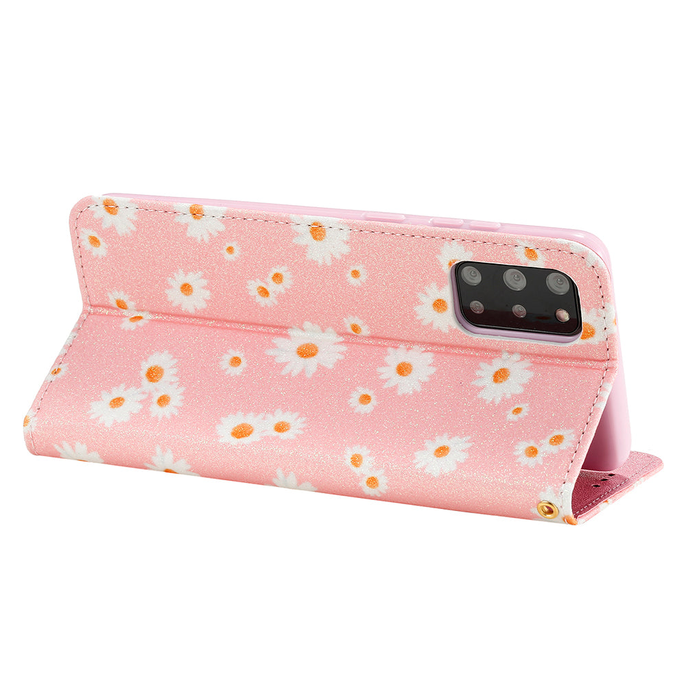 Daisy Pattern Flash Powder Style PU Leather Shell for Samsung Galaxy S20 Plus - Pink