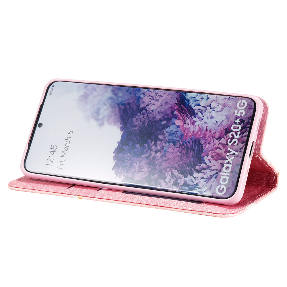 Daisy Pattern Flash Powder Style PU Leather Shell for Samsung Galaxy S20 Plus - Pink