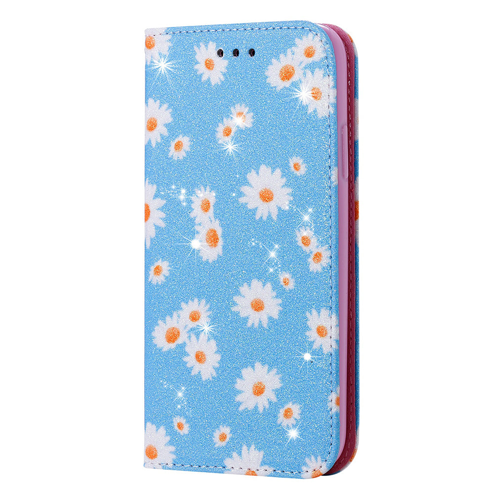 Daisy Pattern Flash Powder Style PU Leather Shell for Samsung Galaxy S20 Plus - Blue