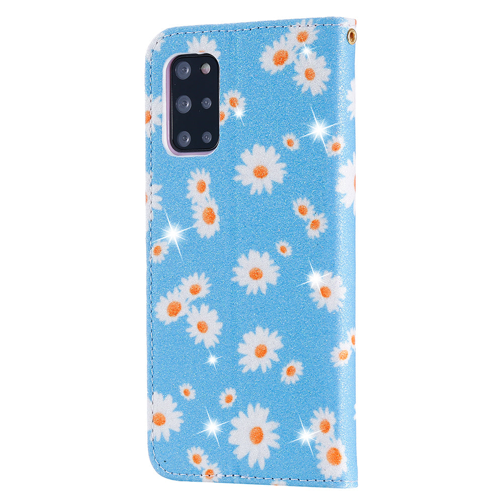 Daisy Pattern Flash Powder Style PU Leather Shell for Samsung Galaxy S20 Plus - Blue