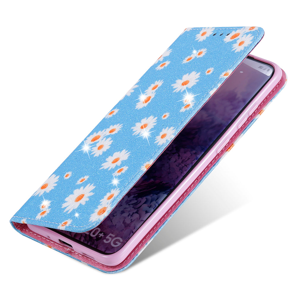 Daisy Pattern Flash Powder Style PU Leather Shell for Samsung Galaxy S20 Plus - Blue