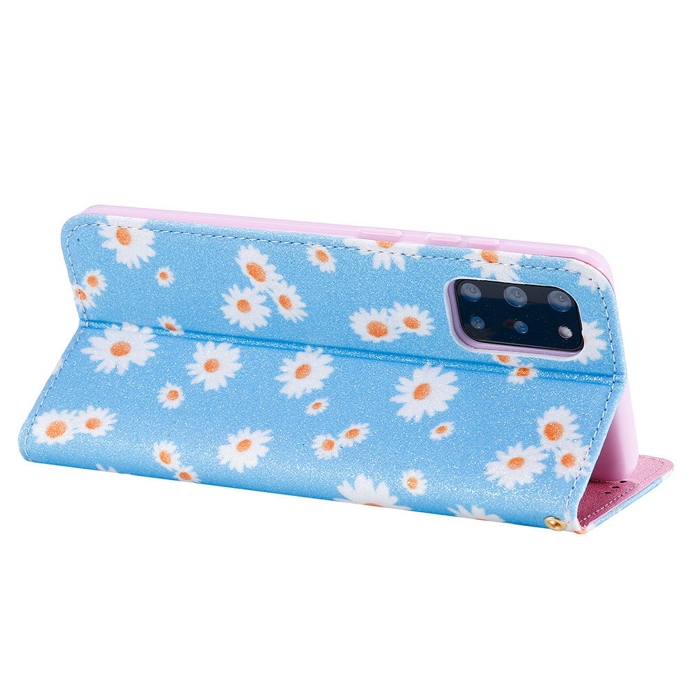 Daisy Pattern Flash Powder Style PU Leather Shell for Samsung Galaxy S20 Plus - Blue