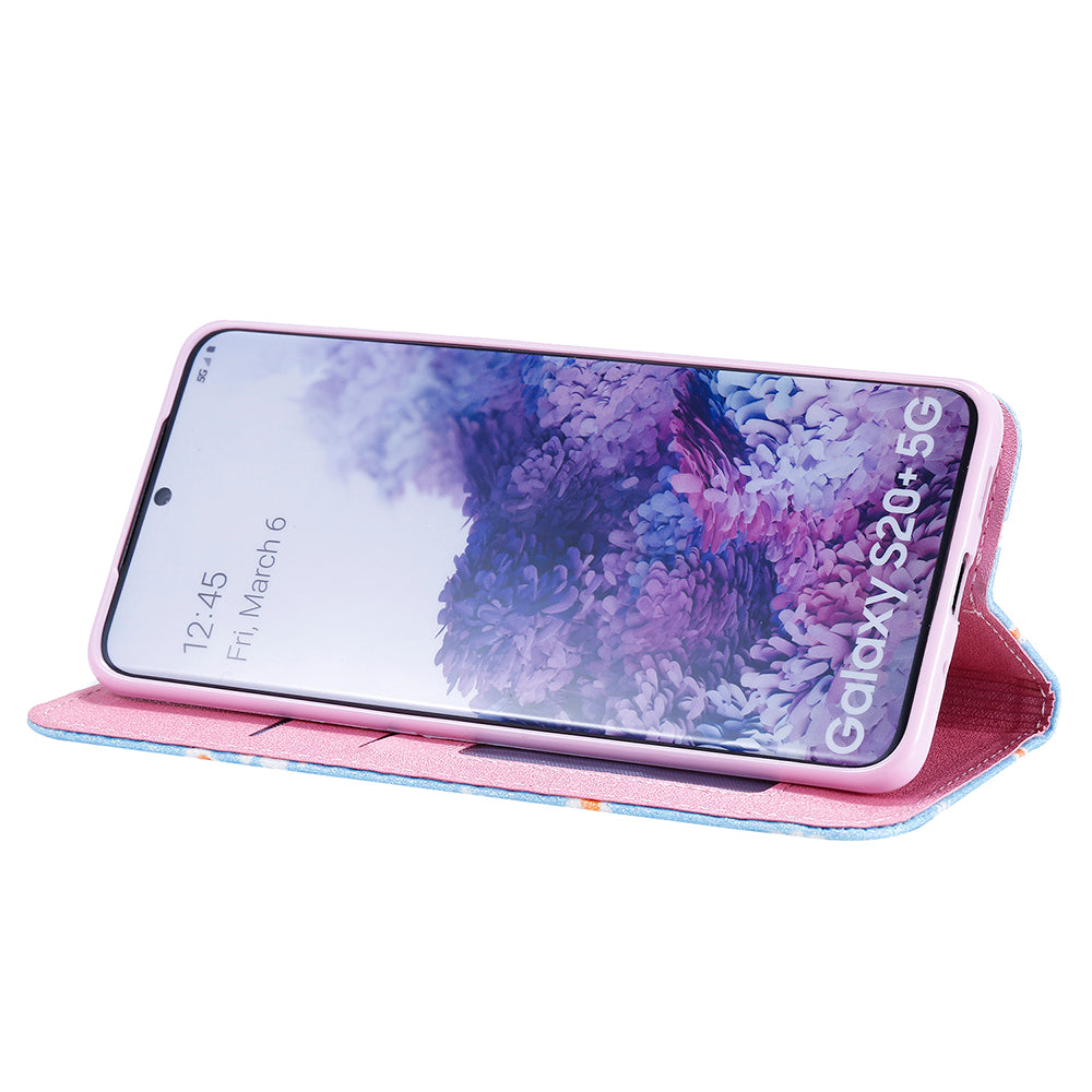 Daisy Pattern Flash Powder Style PU Leather Shell for Samsung Galaxy S20 Plus - Blue