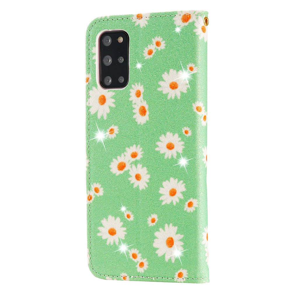 Daisy Pattern Flash Powder Style PU Leather Shell for Samsung Galaxy S20 Plus - Green