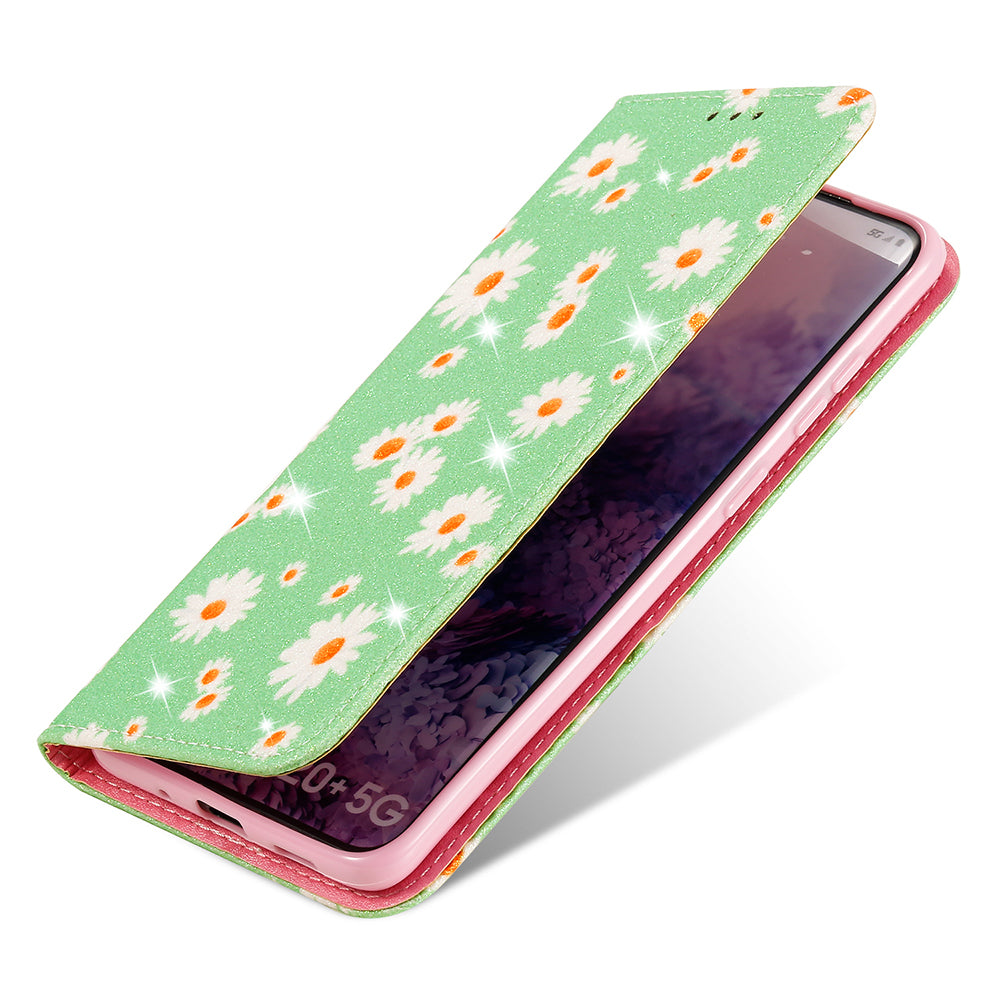 Daisy Pattern Flash Powder Style PU Leather Shell for Samsung Galaxy S20 Plus - Green