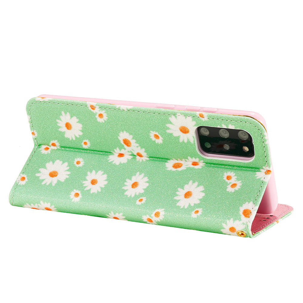 Daisy Pattern Flash Powder Style PU Leather Shell for Samsung Galaxy S20 Plus - Green