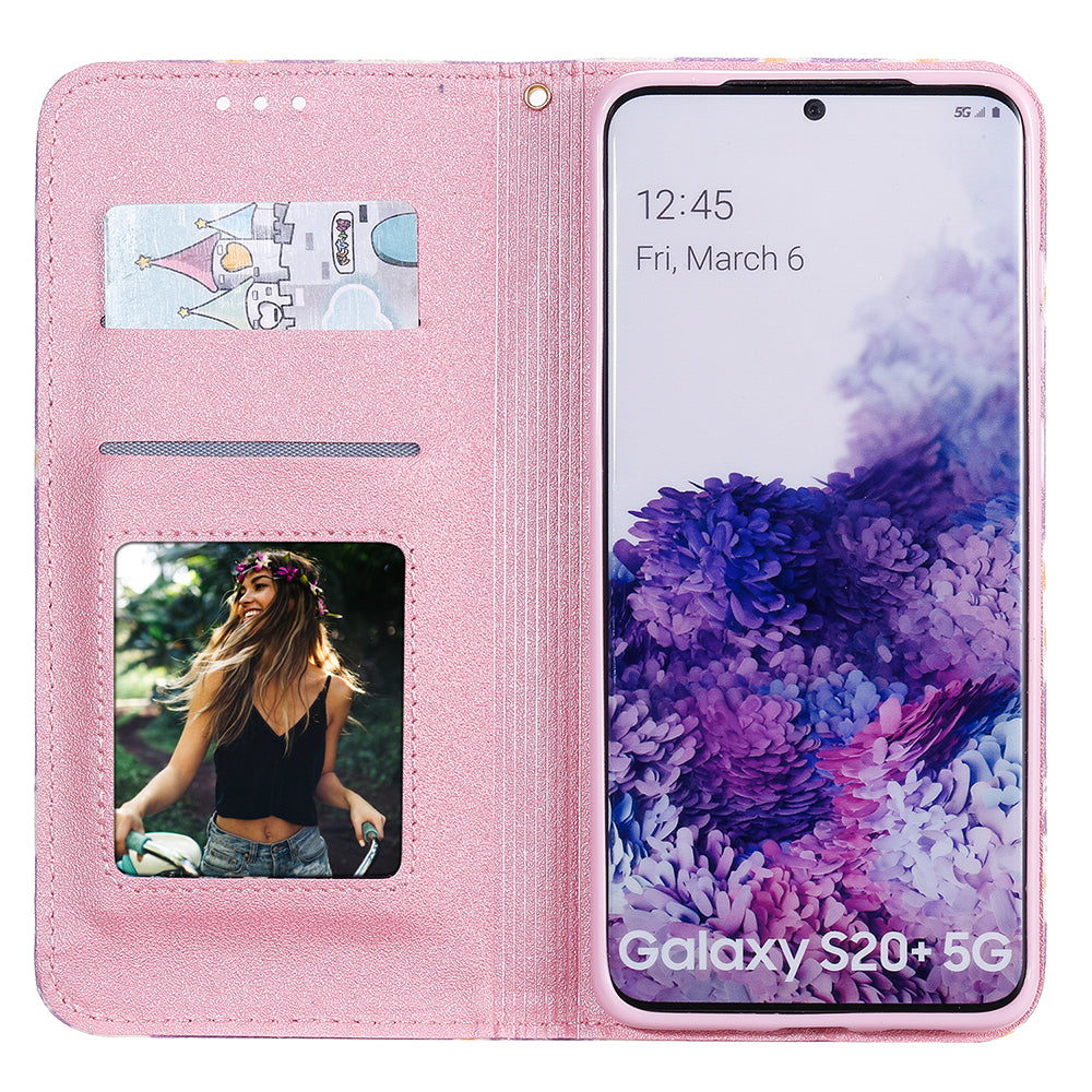 Daisy Pattern Flash Powder Style PU Leather Shell for Samsung Galaxy S20 Plus - Purple