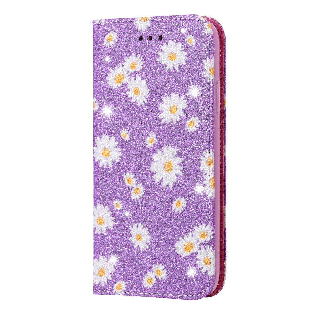 Daisy Pattern Flash Powder Style PU Leather Shell for Samsung Galaxy S20 Plus - Purple